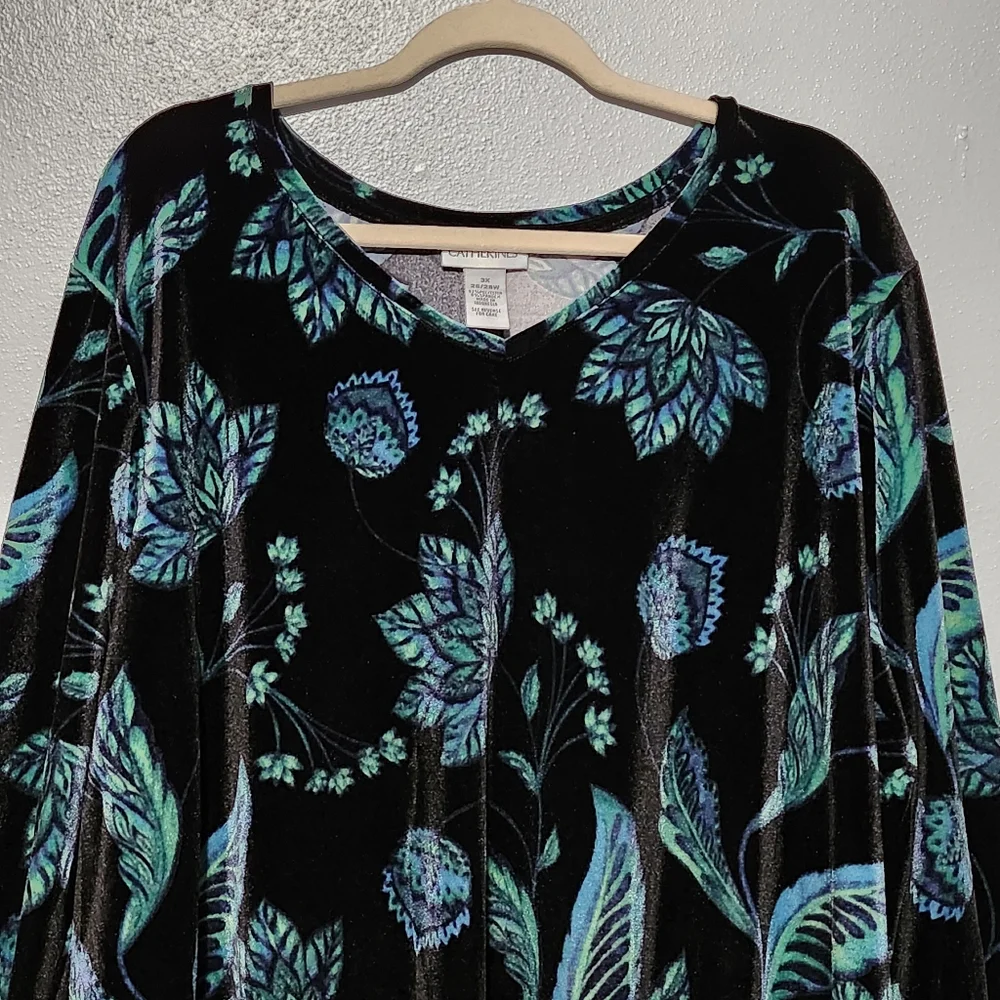 CATHERINES Velvet Tunic Top Womens Plus 3X Black Green Blue Dark Floral Fall - Picture 3 of 9